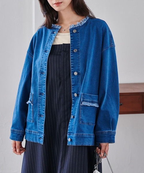 RANAN（ラナン）の「ノーカラーデニムジャケット（デニムジャケット・レディース・ブルー/インディゴブルー・M/L/LL）」の9枚目の写真