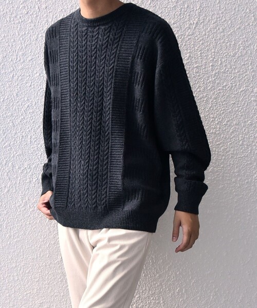 SHIPS any(シップス エニィ)の「SHIPS any:〈手洗い可能〉アラン / ガーター 編み リラックス クルーネック ニット◇(ニット/セーター・メンズ・レッド系/ライトグレー/ライム/ダークグレー/ネイビー・SMALL/MEDIUM/LARGE/X-LARGE)」の3枚目の写真