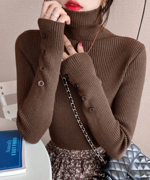 Miniministore(ミニミニストア)の「ハイネックニットトップス 長袖ニットソー(ニット/セーター・レディース・ブラック/ホワイト/ベージュ/ブルー/ダークグリーン/ダークブラウン/カーキブラウン・FREE)」の4枚目の写真