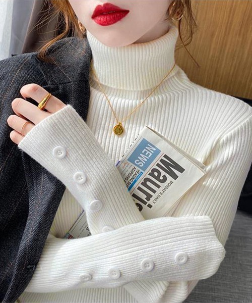 Miniministore(ミニミニストア)の「ハイネックニットトップス 長袖ニットソー(ニット/セーター・レディース・ブラック/ホワイト/ベージュ/ブルー/ダークグリーン/ダークブラウン/カーキブラウン・FREE)」の2枚目の写真