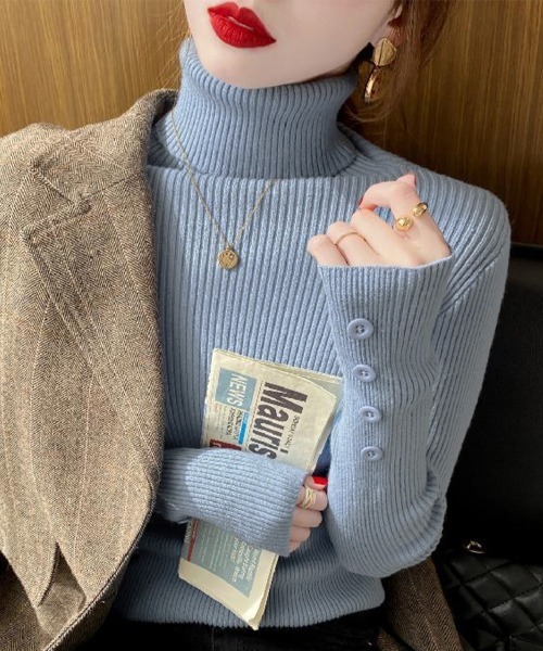 Miniministore(ミニミニストア)の「ハイネックニットトップス 長袖ニットソー(ニット/セーター・レディース・ブラック/ホワイト/ベージュ/ブルー/ダークグリーン/ダークブラウン/カーキブラウン・FREE)」の7枚目の写真