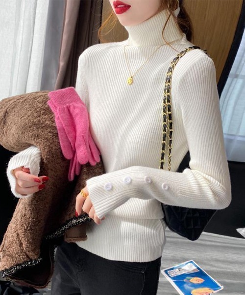 Miniministore(ミニミニストア)の「ハイネックニットトップス 長袖ニットソー(ニット/セーター・レディース・ブラック/ホワイト/ベージュ/ブルー/ダークグリーン/ダークブラウン/カーキブラウン・FREE)」の10枚目の写真