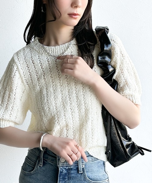 mily bilet（ミウィビレット）の「【mily bilet】キラキラ煌めく洗練アイテム。スパンコール使い透かし編みプルオーバー(ニット)（ニット/セーター・レディース・グレー/ホワイト/ライトグレー・X-LARGE/SMALL/MEDIUM/LARGE）」の7枚目の写真