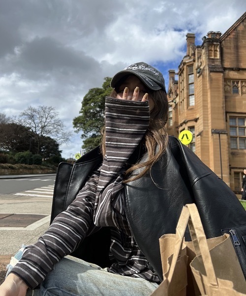 lilful（リルフル）の「オーバーサイズボーダーヘンリーネックロンT（Tシャツ/カットソー・レディース・グレー/ブラウン・M/L）」の13枚目の写真