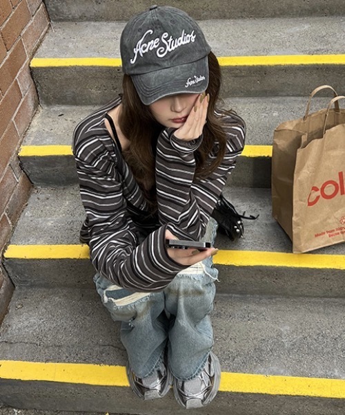 lilful（リルフル）の「オーバーサイズボーダーヘンリーネックロンT（Tシャツ/カットソー・レディース・グレー/ブラウン・M/L）」の15枚目の写真