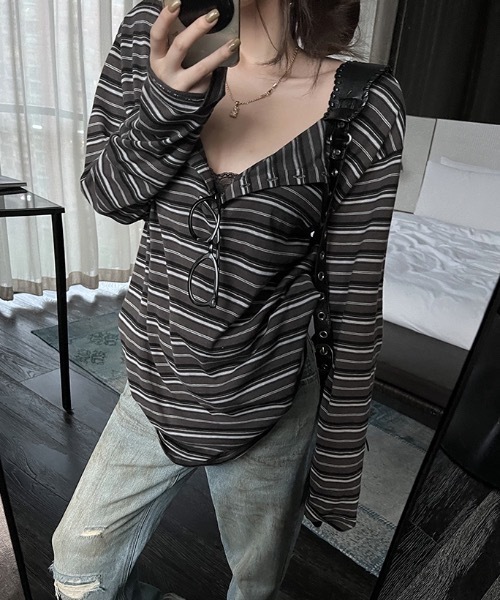 lilful（リルフル）の「オーバーサイズボーダーヘンリーネックロンT（Tシャツ/カットソー・レディース・グレー/ブラウン・M/L）」の17枚目の写真