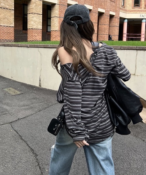 lilful（リルフル）の「オーバーサイズボーダーヘンリーネックロンT（Tシャツ/カットソー・レディース・グレー/ブラウン・M/L）」の18枚目の写真