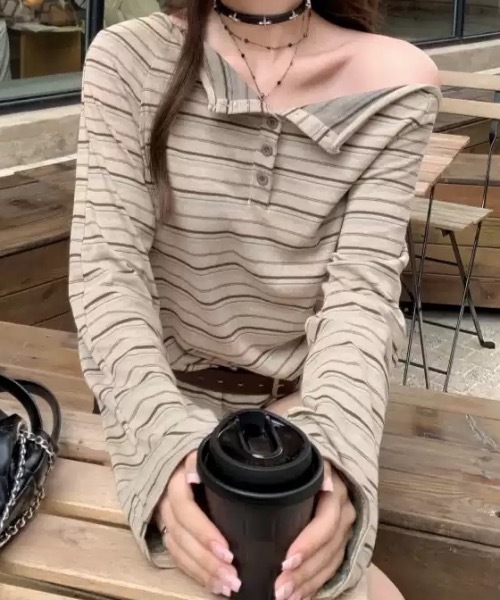 lilful（リルフル）の「オーバーサイズボーダーヘンリーネックロンT（Tシャツ/カットソー・レディース・グレー/ブラウン・M/L）」の19枚目の写真