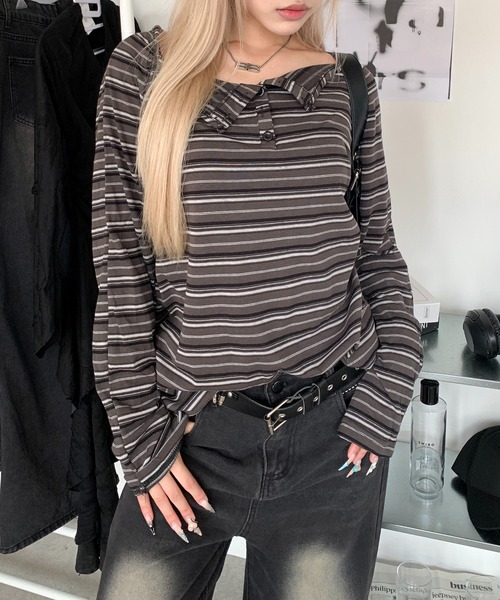 lilful（リルフル）の「オーバーサイズボーダーヘンリーネックロンT（Tシャツ/カットソー・レディース・グレー/ブラウン・M/L）」の7枚目の写真