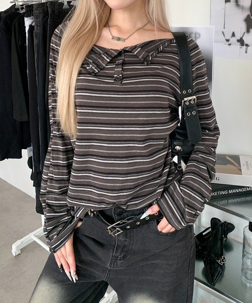 lilful（リルフル）の「オーバーサイズボーダーヘンリーネックロンT（Tシャツ/カットソー・レディース・グレー/ブラウン・M/L）」の3枚目の写真