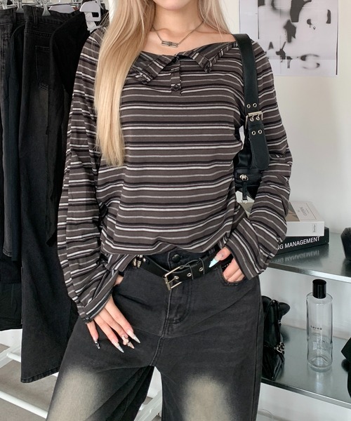 lilful（リルフル）の「オーバーサイズボーダーヘンリーネックロンT（Tシャツ/カットソー・レディース・グレー/ブラウン・M/L）」の8枚目の写真