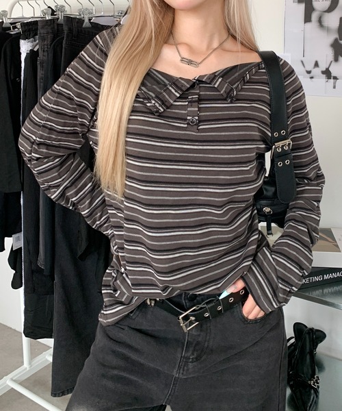 lilful（リルフル）の「オーバーサイズボーダーヘンリーネックロンT（Tシャツ/カットソー・レディース・グレー/ブラウン・M/L）」の4枚目の写真