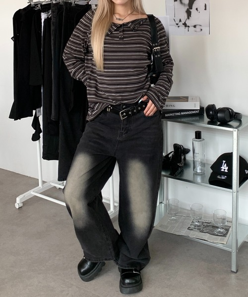 lilful（リルフル）の「オーバーサイズボーダーヘンリーネックロンT（Tシャツ/カットソー・レディース・グレー/ブラウン・M/L）」の6枚目の写真