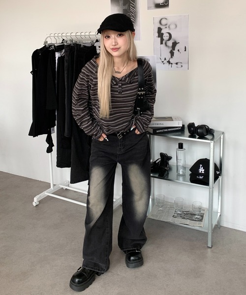 lilful（リルフル）の「オーバーサイズボーダーヘンリーネックロンT（Tシャツ/カットソー・レディース・グレー/ブラウン・M/L）」の9枚目の写真