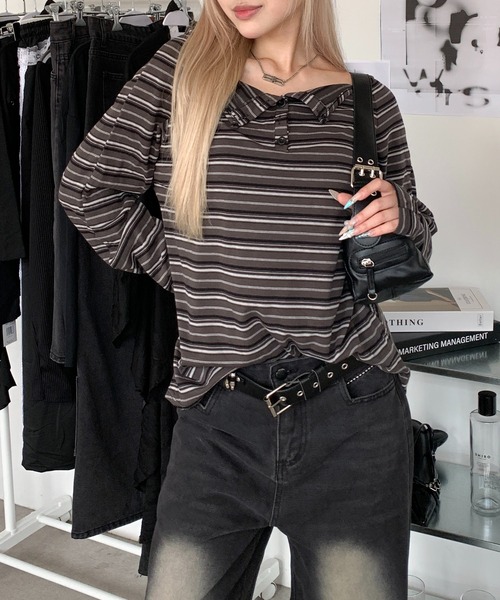 lilful（リルフル）の「オーバーサイズボーダーヘンリーネックロンT（Tシャツ/カットソー・レディース・グレー/ブラウン・M/L）」の5枚目の写真