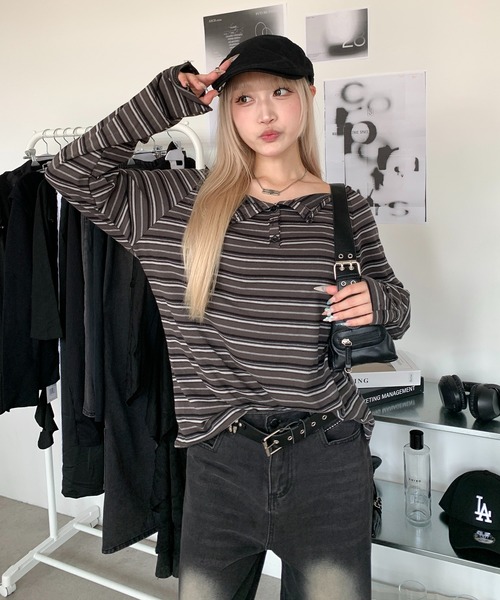 lilful（リルフル）の「オーバーサイズボーダーヘンリーネックロンT（Tシャツ/カットソー・レディース・グレー/ブラウン・M/L）」の10枚目の写真