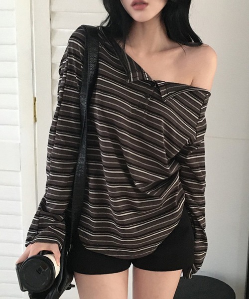 lilful(リルフル)の「オーバーサイズ ボーダー柄 ヘンリーネックワンショルダーロンT(Tシャツ/カットソー・レディース・グレー/ブラウン・M/L)」の12枚目の写真