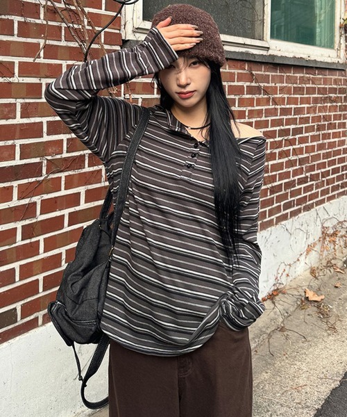 lilful(リルフル)の「オーバーサイズ ボーダー柄 ヘンリーネックワンショルダーロンT(Tシャツ/カットソー・レディース・グレー/ブラウン・M/L)」の13枚目の写真