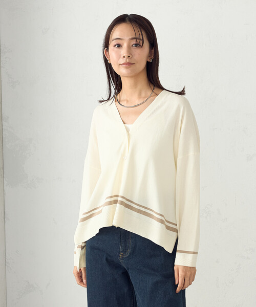 COMME CA ISM(コムサイズム)の「配色ライン ワイドカーディガン(カーディガン/ボレロ・レディース・アイボリー/ブラック/ネイビー・FREE)」の7枚目の写真