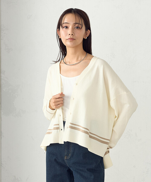 COMME CA ISM(コムサイズム)の「配色ライン ワイドカーディガン(カーディガン/ボレロ・レディース・アイボリー/ブラック/ネイビー・FREE)」の8枚目の写真