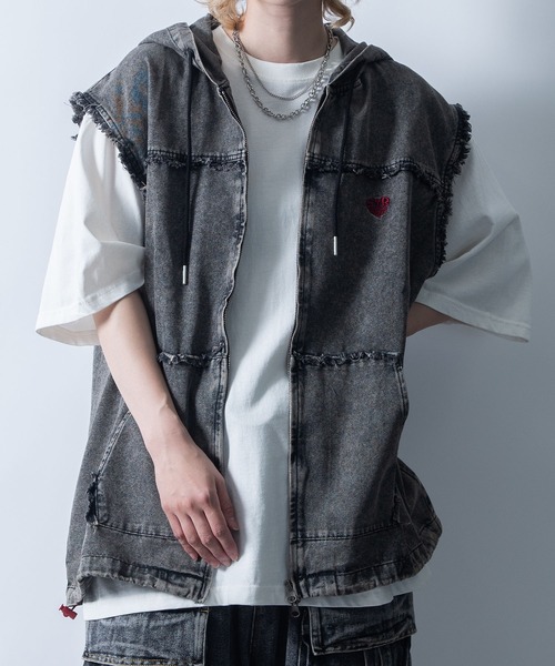 セール】Fringe denim sleeveless hoodie/フリンジデニム