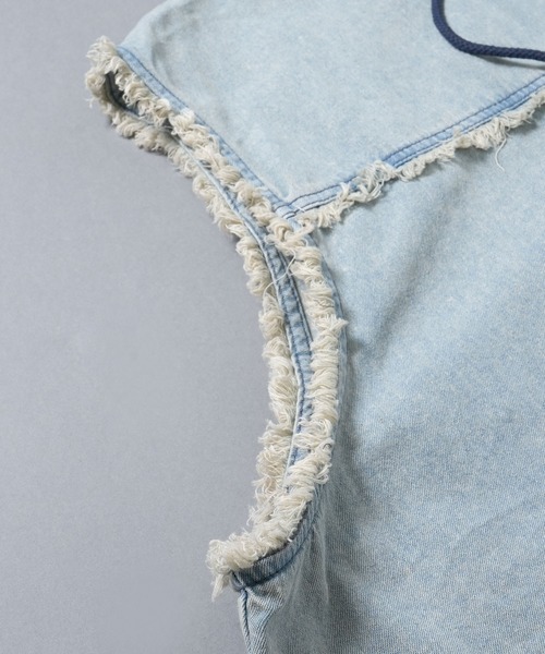 Starting Over（スターティングオーバー）の「Fringe denim sleeveless hoodie/フリンジデニム ノースリーブ パーカー ベスト（ベスト・メンズ・ブラック/ブルー・L/M）」の9枚目の写真