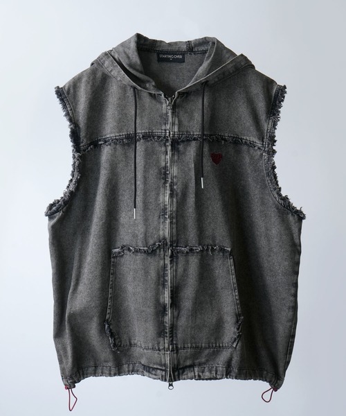 セール】Fringe denim sleeveless hoodie/フリンジデニム