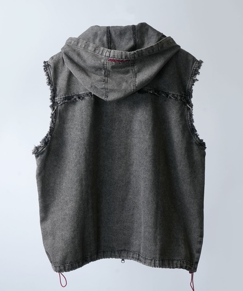 セール】Fringe denim sleeveless hoodie/フリンジデニム
