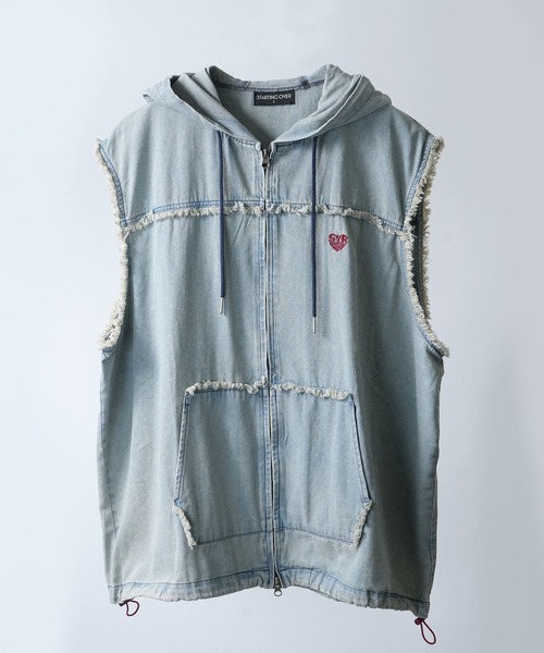 Starting Over（スターティングオーバー）の「Fringe denim sleeveless hoodie/フリンジデニム ノースリーブ パーカー ベスト（ベスト・メンズ・ブラック/ブルー・L/M）」の3枚目の写真