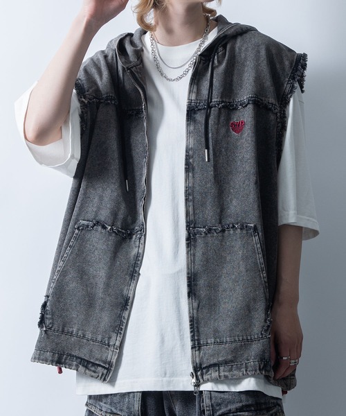 Starting Over（スターティングオーバー）の「Fringe denim sleeveless hoodie/フリンジデニム ノースリーブ パーカー ベスト（ベスト・メンズ・ブラック/ブルー・L/M）」の16枚目の写真