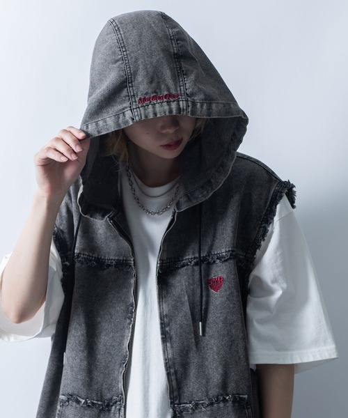 Starting Over（スターティングオーバー）の「Fringe denim sleeveless hoodie/フリンジデニム ノースリーブ パーカー ベスト（ベスト・メンズ・ブラック/ブルー・L/M）」の17枚目の写真