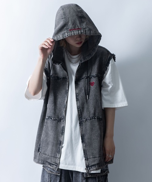 セール】Fringe denim sleeveless hoodie/フリンジデニム