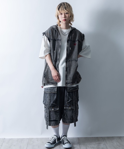 Starting Over（スターティングオーバー）の「Fringe denim sleeveless hoodie/フリンジデニム ノースリーブ パーカー ベスト（ベスト・メンズ・ブラック/ブルー・L/M）」の19枚目の写真