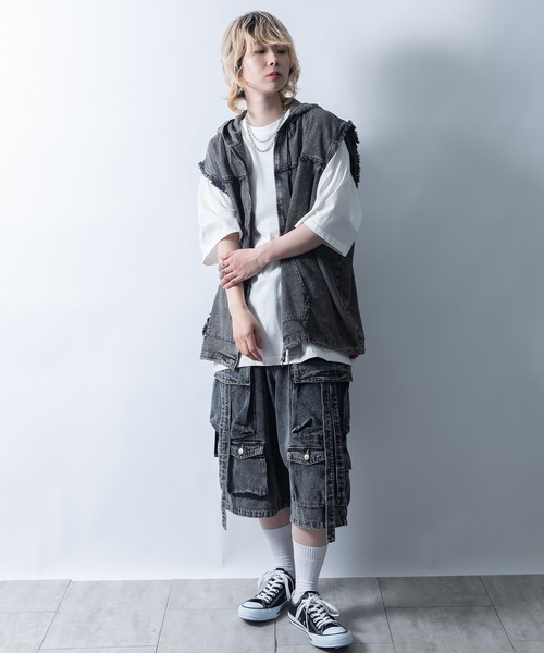 セール】Fringe denim sleeveless hoodie/フリンジデニム