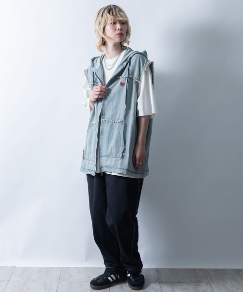セール】Fringe denim sleeveless hoodie/フリンジデニム