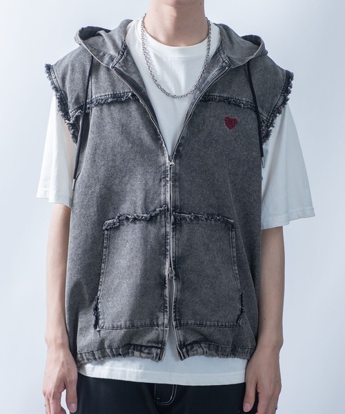 玄関先迄納品 セール】Fringe denim sleeveless hoodie/フリンジデニム トップス