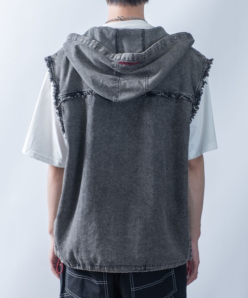 セール】Fringe denim sleeveless hoodie/フリンジデニム