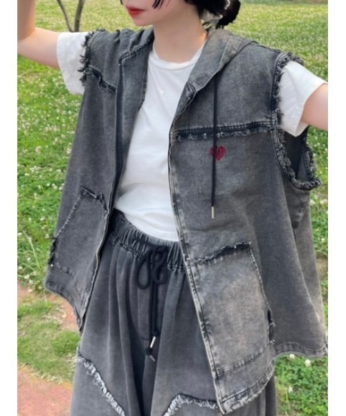 Fringe denim sleeveless hoodie/フリンジデニム ノースリーブ