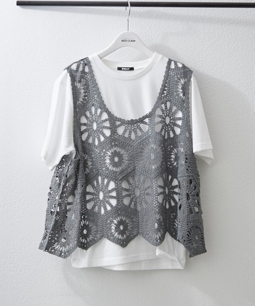 Remind me and forever（リマインドミーアンドフォーエバー）の「カギ針ベスト+Tシャツ（ニット/セーター・レディース・アイボリー/ブラック/グレー/ブラウン/モカ・FREE）」の3枚目の写真
