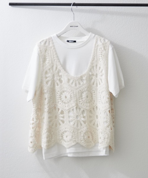Remind me and forever（リマインドミーアンドフォーエバー）の「カギ針ベスト+Tシャツ（ニット/セーター・レディース・アイボリー/ブラック/グレー/ブラウン/モカ・FREE）」の6枚目の写真