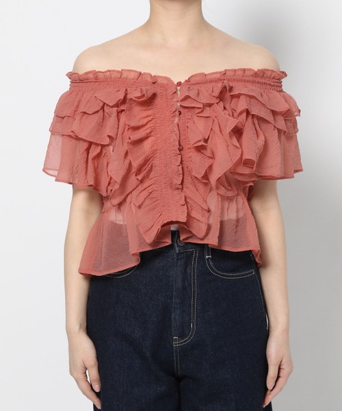 mysty woman(ミスティウーマン)の「シアー2WAYフリルブラウス 491365(シャツ/ブラウス・レディース・ブラック/オフホワイト/ピンク・FREE)」の13枚目の写真