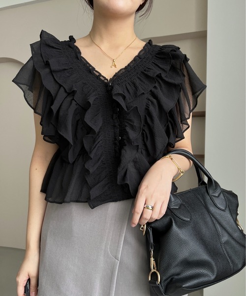 mysty woman(ミスティウーマン)の「シアー2WAYフリルブラウス 491365(シャツ/ブラウス・レディース・ブラック/オフホワイト/ピンク・FREE)」の22枚目の写真