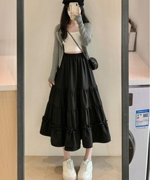 レトロ風 フリルティアードスカート 無地 日常カジュアル&シンプル