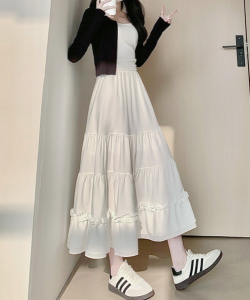 gossip！ロサンゼルス（ゴシップロサンゼルス）の「レトロ風 フリルティアードスカート 無地 日常カジュアル＆シンプル（スカート・レディース・ブラック/ホワイト・FREE）」の12枚目の写真