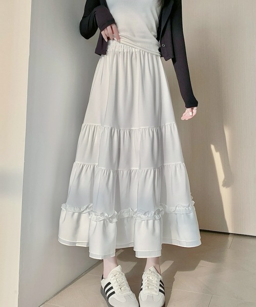 gossip！ロサンゼルス（ゴシップロサンゼルス）の「レトロ風 フリルティアードスカート 無地 日常カジュアル＆シンプル（スカート・レディース・ブラック/ホワイト・FREE）」の13枚目の写真