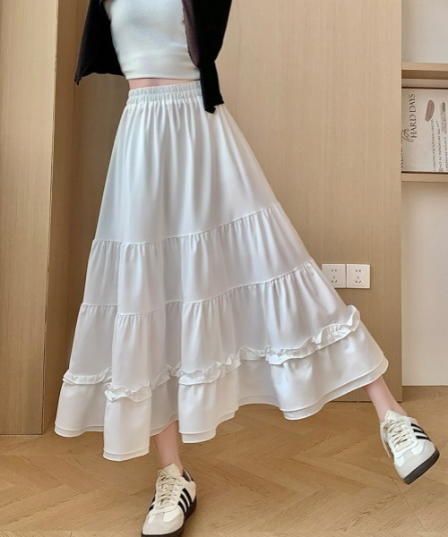 gossip！ロサンゼルス（ゴシップロサンゼルス）の「レトロ風 フリルティアードスカート 無地 日常カジュアル＆シンプル（スカート・レディース・ブラック/ホワイト・FREE）」の14枚目の写真