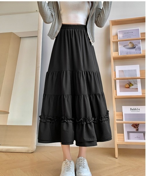 gossip！ロサンゼルス（ゴシップロサンゼルス）の「レトロ風 フリルティアードスカート 無地 日常カジュアル＆シンプル（スカート・レディース・ブラック/ホワイト・FREE）」の16枚目の写真