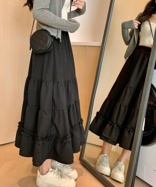 gossip！ロサンゼルス（ゴシップロサンゼルス）の「レトロ風 フリルティアードスカート 無地 日常カジュアル＆シンプル（スカート・レディース・ブラック/ホワイト・FREE）」の17枚目の写真