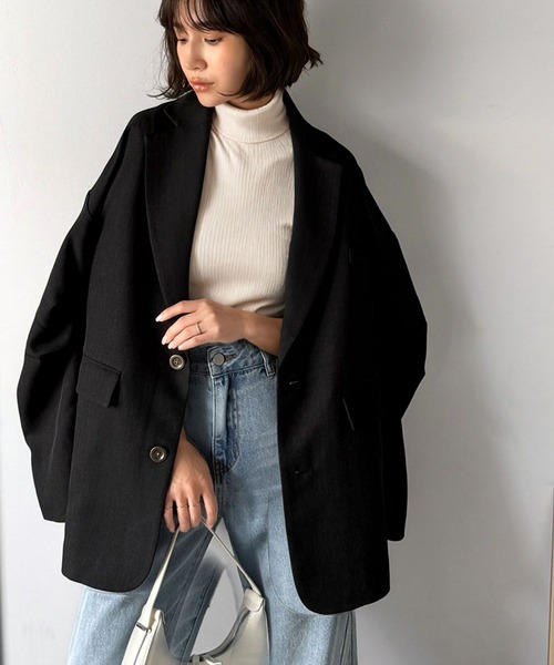 classicalelf（クラシカルエルフ）の「羽織るだけでキマる。袖タックヘリンボーンオーバーサイズジャケット（セットアップ可）（テーラードジャケット・レディース・チャコール/ブラック/グレイッシュベージュ・LARGE/MEDIUM/SMALL/X-LARGE）」の2枚目の写真