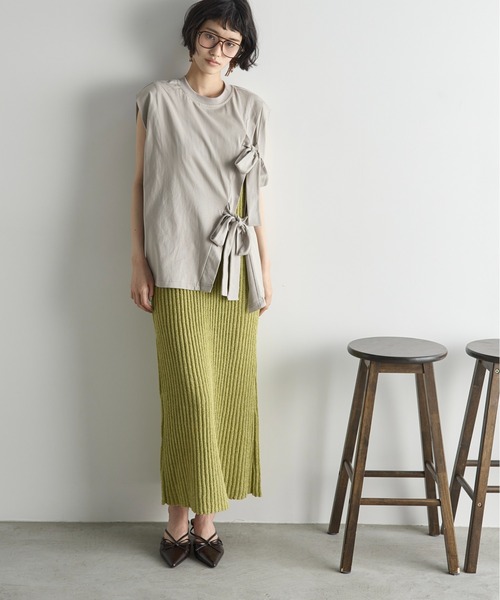 セール】2WAYリボンモチーフアシメスリットノースリーブTシャツ